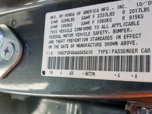 1HGCP2F46AA045410 - 2010 HONDA ACCORD LXP GRAY photo 10