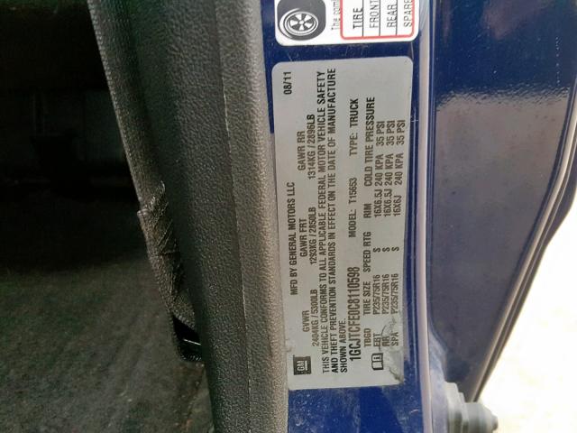 1GCJTCFE0C8110598 - 2012 CHEVROLET COLORADO L BLUE photo 10