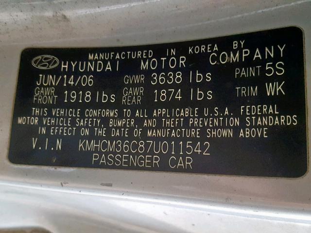 KMHCM36C87U011542 - 2007 HYUNDAI ACCENT GS SILVER photo 10