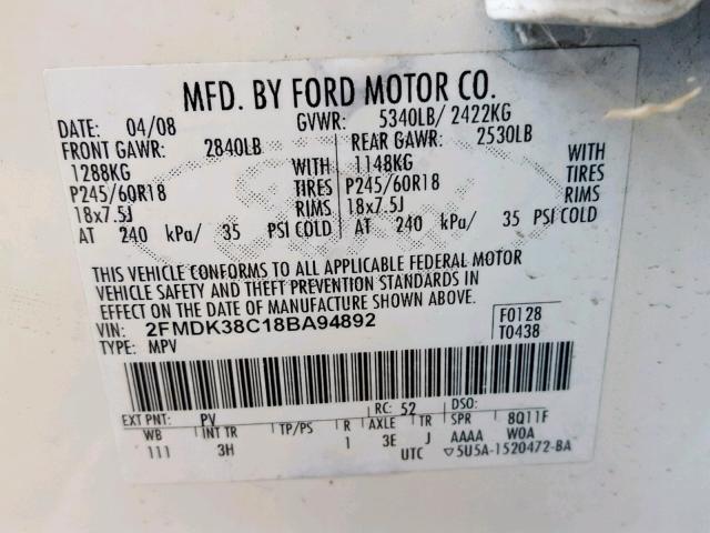 2FMDK38C18BA94892 - 2008 FORD EDGE SEL WHITE photo 10