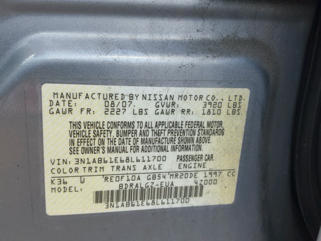 3N1AB61E68L611700 - 2008 NISSAN SENTRA 2.0 SILVER photo 10