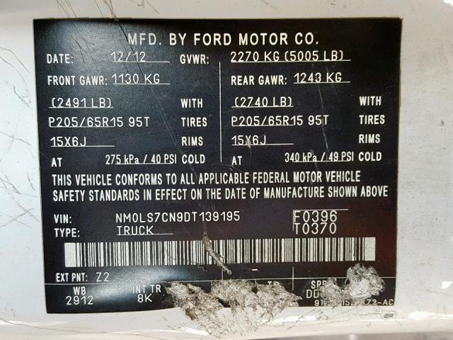 NM0LS7CN9DT139195 - 2013 FORD TRANSIT CO WHITE photo 10