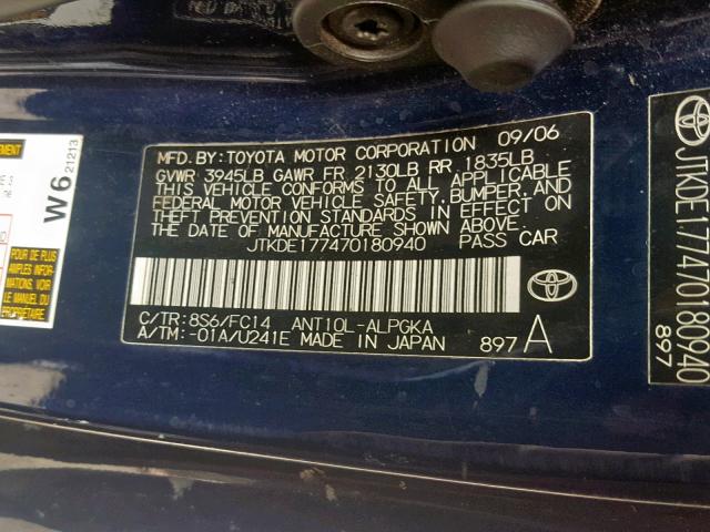 JTKDE177470180940 - 2007 TOYOTA SCION TC ლურჯი ფოტო 10