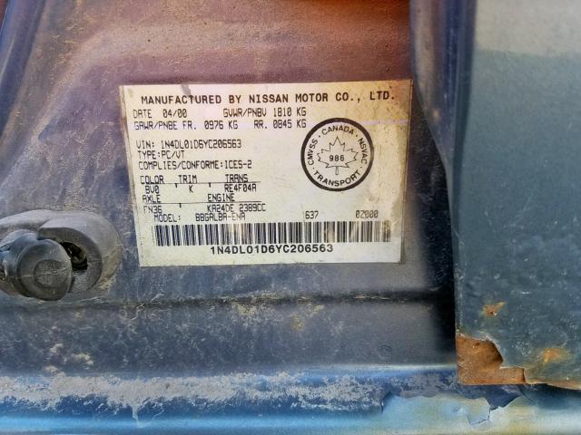 1N4DL01D6YC206563 - 2000 NISSAN ALTIMA XE BLUE photo 10