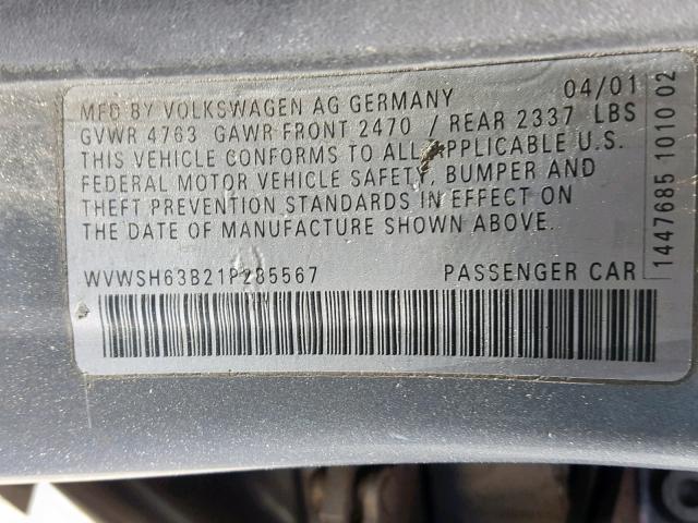 WVWSH63B21P285567 - 2001 VOLKSWAGEN PASSAT GLS GRAY photo 10