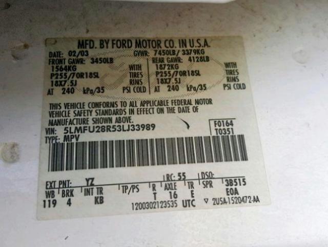 5LMFU28R53LJ33989 - 2003 LINCOLN NAVIGATOR თეთრი ფოტო 10