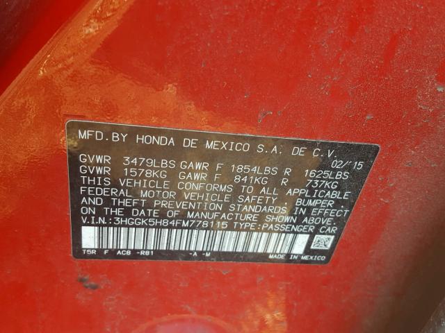 3HGGK5H84FM778115 - 2015 HONDA FIT EX RED photo 10