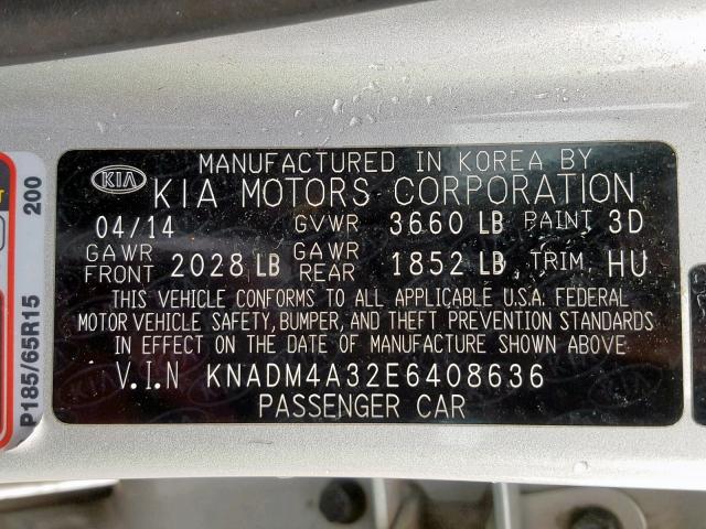 KNADM4A32E6408636 - 2014 KIA RIO LX SILVER photo 10