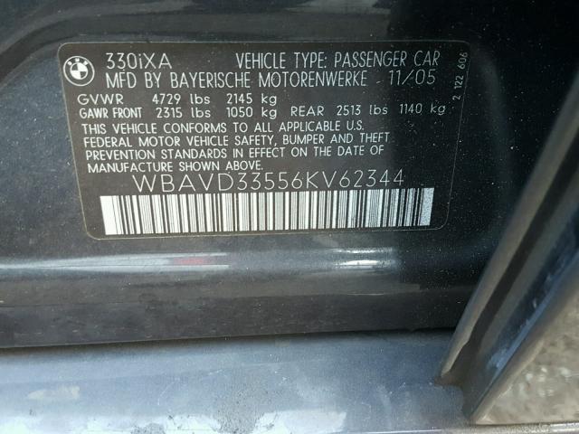 WBAVD33556KV62344 - 2006 BMW 330 XI BLUE photo 10