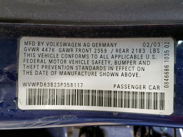 WVWPD63B23P358117 - 2003 VOLKSWAGEN PASSAT GLS BLUE photo 10