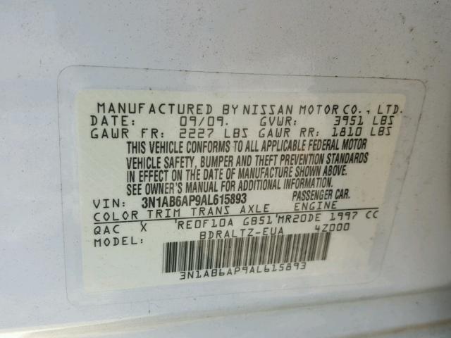 3N1AB6AP9AL615893 - 2010 NISSAN SENTRA 2.0 WHITE photo 10