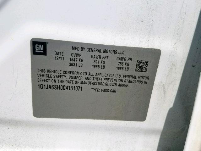 1G1JA6SH0C4131071 - 2012 CHEVROLET SONIC LS 白色 照片 10