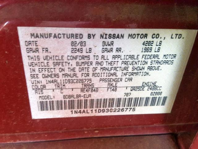 1N4AL11D93C226775 - 2003 NISSAN ALTIMA BAS RED photo 10