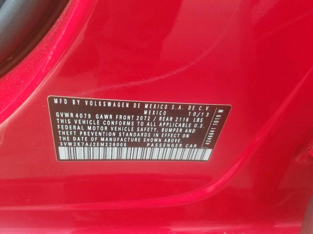 3VW2K7AJ2EM228005 - 2014 VOLKSWAGEN JETTA BASE RED photo 10