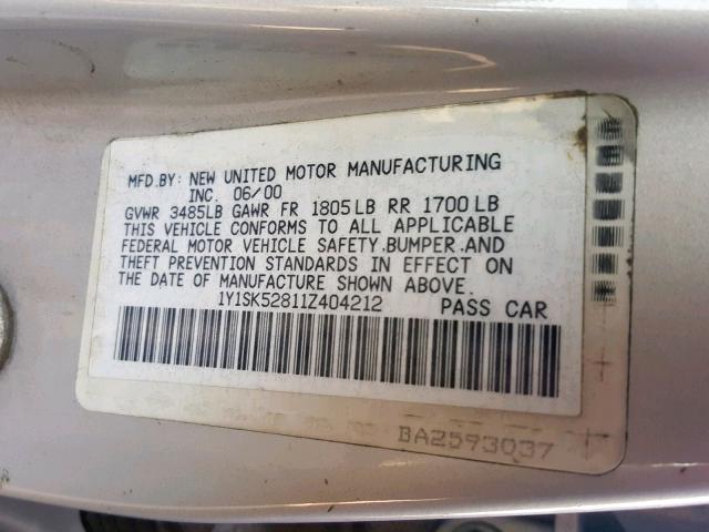 1Y1SK52811Z404212 - 2001 CHEVROLET GEO PRIZM 银色 照片 10