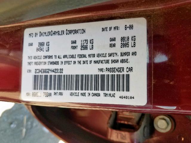 2C3HE66G2YH423122 - 2000 CHRYSLER 300M BURGUNDY photo 10