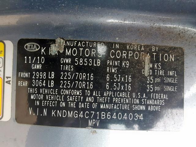 KNDMG4C71B6404034 - 2011 KIA SEDONA LX BLUE photo 10