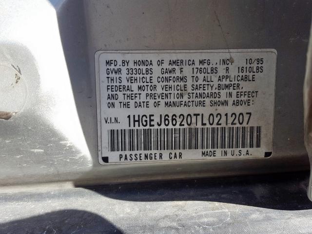 1HGEJ6620TL021207 - 1996 HONDA CIVIC DX SILVER photo 10