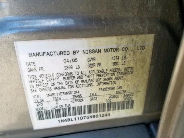 1N4BL11D75N901244 - 2005 NISSAN ALTIMA SE SILVER photo 10