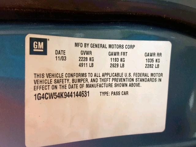 1G4CW54K944144631 - 2004 BUICK PARK AVENU GREEN photo 10