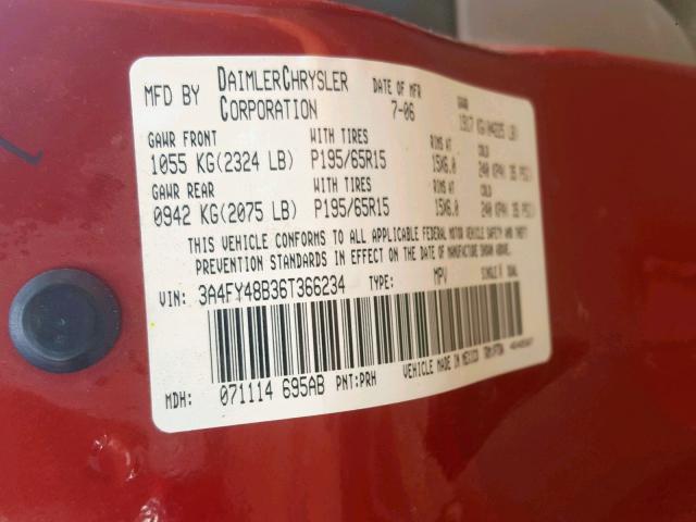 3A4FY48B36T366234 - 2006 CHRYSLER PT CRUISER RED photo 10