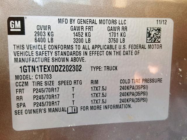 1GTN1TEX0DZ202302 - 2013 GMC SIERRA C15 GRAY photo 10