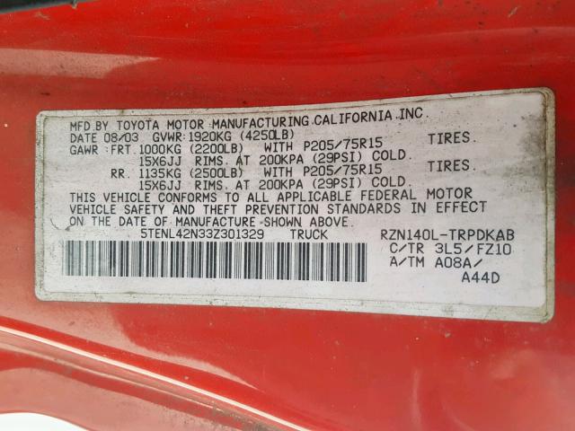 5TENL42N33Z301329 - 2003 TOYOTA TACOMA RED photo 10