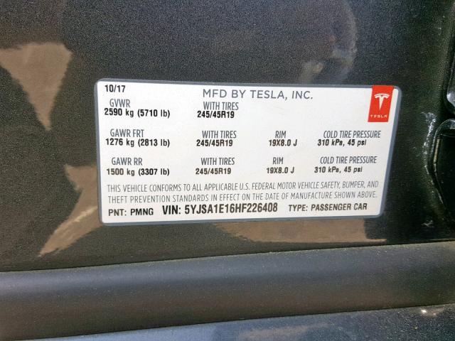 5YJSA1E16HF226408 - 2017 TESLA MODEL S فحمي صورة 10