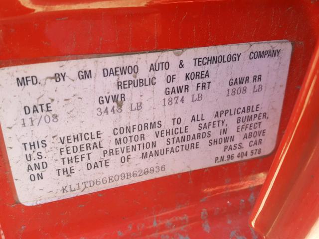 KL1TD66E09B629936 - 2009 CHEVROLET AVEO LS RED photo 10