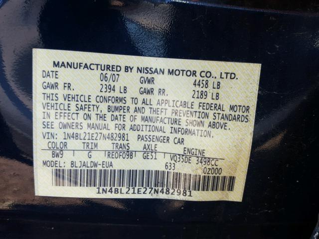 1N4BL21E27N482981 - 2007 NISSAN ALTIMA 3.5 BLUE photo 10