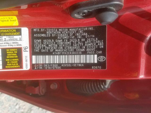 4T4BF1FK2ER383236 - 2014 TOYOTA CAMRY L RED photo 10