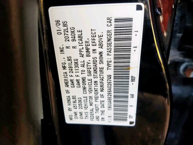 19UUA66266A026746 - 2006 ACURA 3.2TL BLACK photo 10