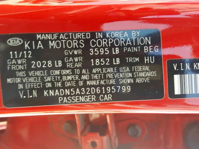 KNADN5A32D6195799 - 2013 KIA RIO EX RED photo 10