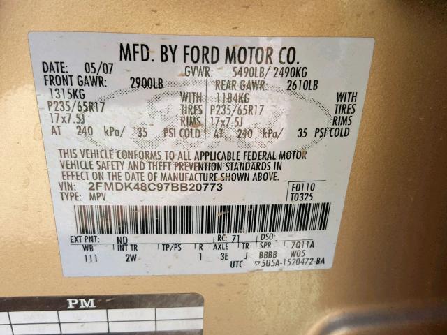 2FMDK48C97BB20773 - 2007 FORD EDGE SEL GOLD photo 10