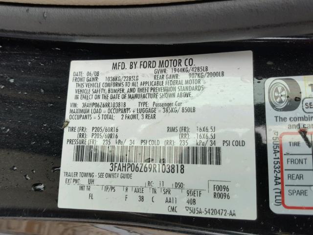 3FAHP06Z69R103818 - 2009 FORD FUSION S BLACK photo 10