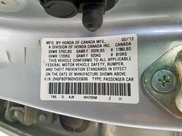 2HGFB2F96DH535696 - 2013 HONDA CIVIC EXL 银色 照片 10