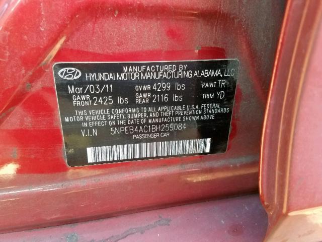 5NPEB4AC1BH259084 - 2011 HYUNDAI SONATA GLS RED photo 10