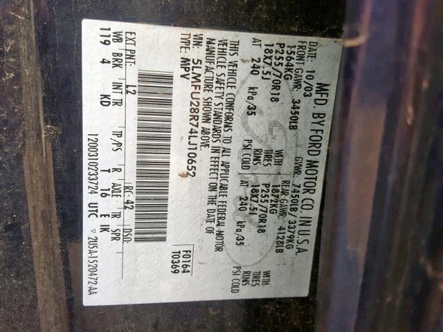 5LMFU28R74LJ10652 - 2004 LINCOLN NAVIGATOR BLUE photo 10