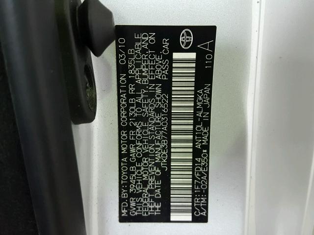 JTKDE3B77A0316522 - 2010 TOYOTA SCION TC 银色 照片 10