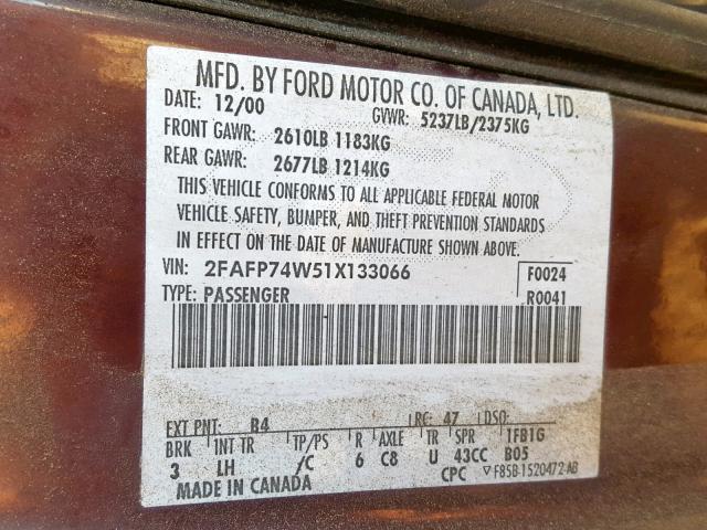 2FAFP74W51X133066 - 2001 FORD CROWN VICT BURGUNDY photo 10