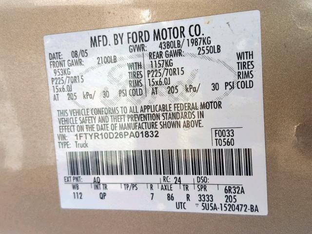 1FTYR10D26PA01832 - 2006 FORD RANGER TAN photo 10