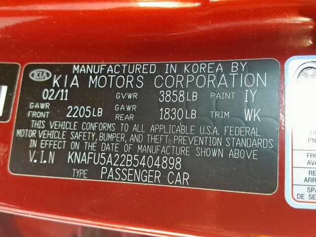 KNAFU5A22B5404898 - 2011 KIA FORTE EX MAROON photo 10