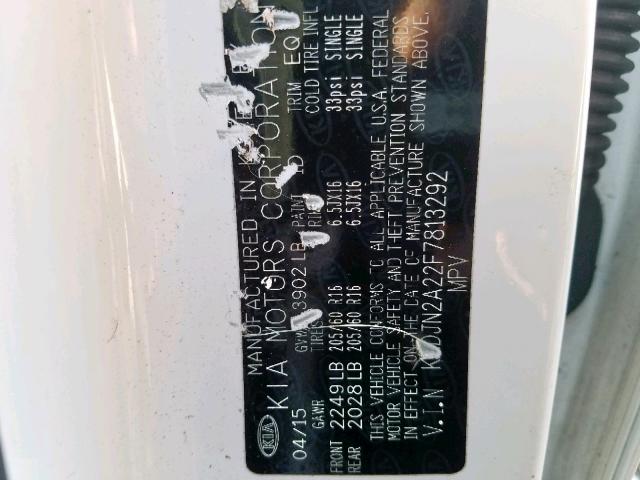 KNDJN2A22F7813292 - 2015 KIA SOUL WHITE photo 10