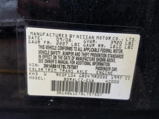 3N1AB61E78L757507 - 2008 NISSAN SENTRA 2.0 BLACK photo 10