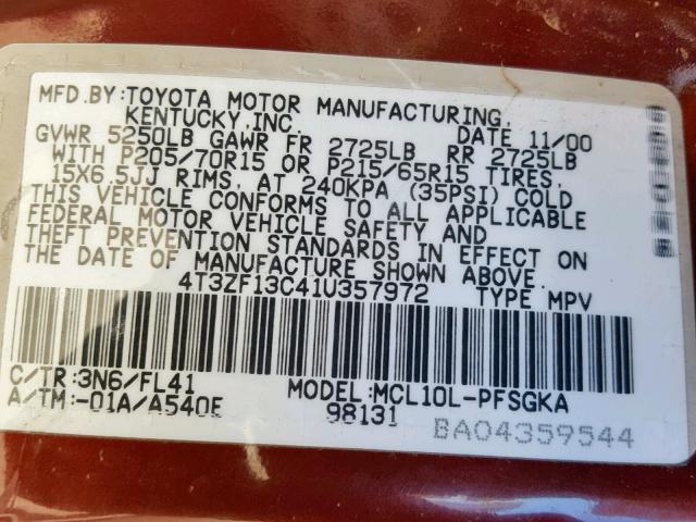 4T3ZF13C41U357972 - 2001 TOYOTA SIENNA LE MAROON photo 10