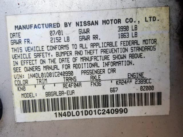 1N4DL01D01C240990 - 2001 NISSAN ALTIMA XE SILVER photo 10