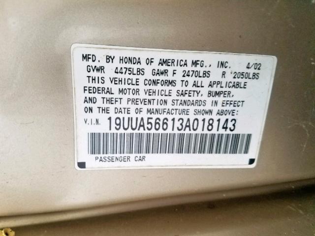 19UUA56613A018143 - 2003 ACURA 3.2TL GOLD photo 10