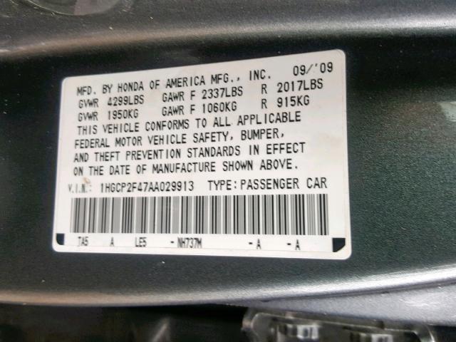 1HGCP2F47AA029913 - 2010 HONDA ACCORD LXP SILVER photo 10