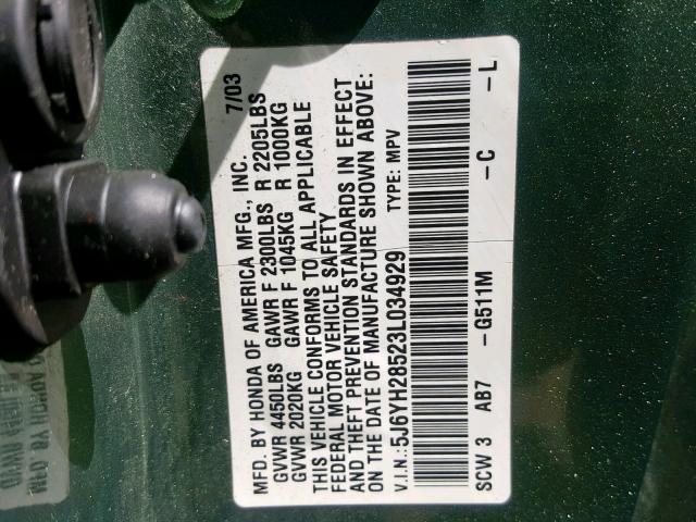 5J6YH28523L034929 - 2003 HONDA ELEMENT EX GREEN photo 10