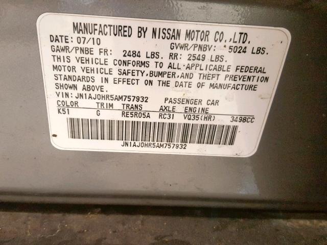 JN1AJ0HR5AM757932 - 2010 INFINITI EX35 BASE SILVER photo 10
